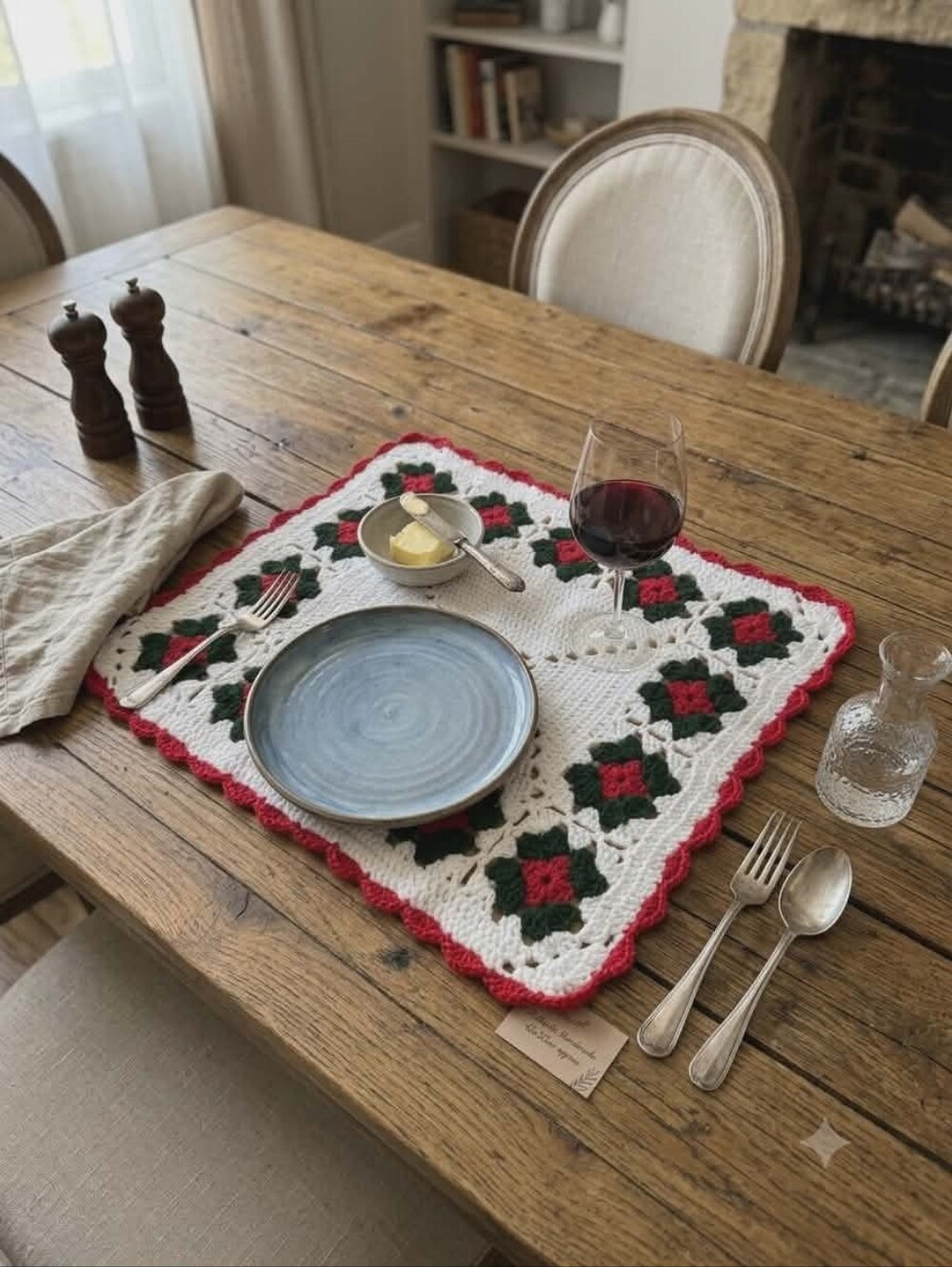 Handmade Holiday Crochet Placemat -Red, Green & White
